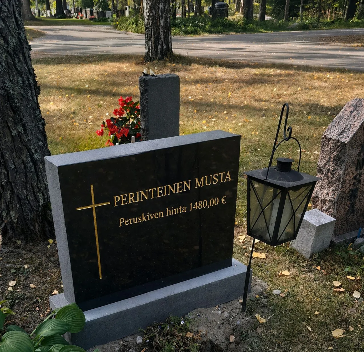 Musta hautakivi, jossa kultainen risti ja tekstit "PERINTEINEN MUSTA" sekä "Peruskiven hinta 1480,00 €". Kiven edessä maassa on musta metallilyhty kynttilällä. Vasemmalla näkyy puun runko ja etualalla vihreitä lehtiä. Taustalla on kellertävää nurmikkoa, puita ja hautausmaan polku. Oikealla on toinen karkea hautakivi ja punaisia kukkia pääkiven takana. Kuva on otettu valoisassa päivänvalossa.